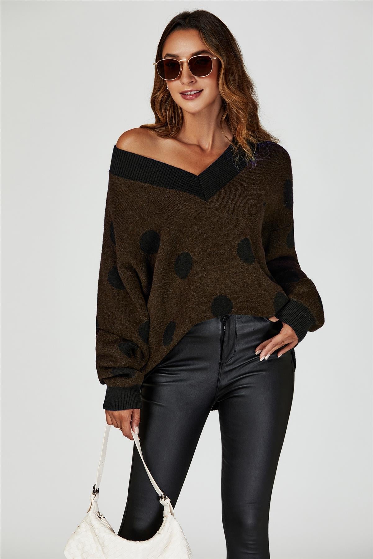 Wool Blended V Neck Jumper In Brown& Black Polka Dot - AXON