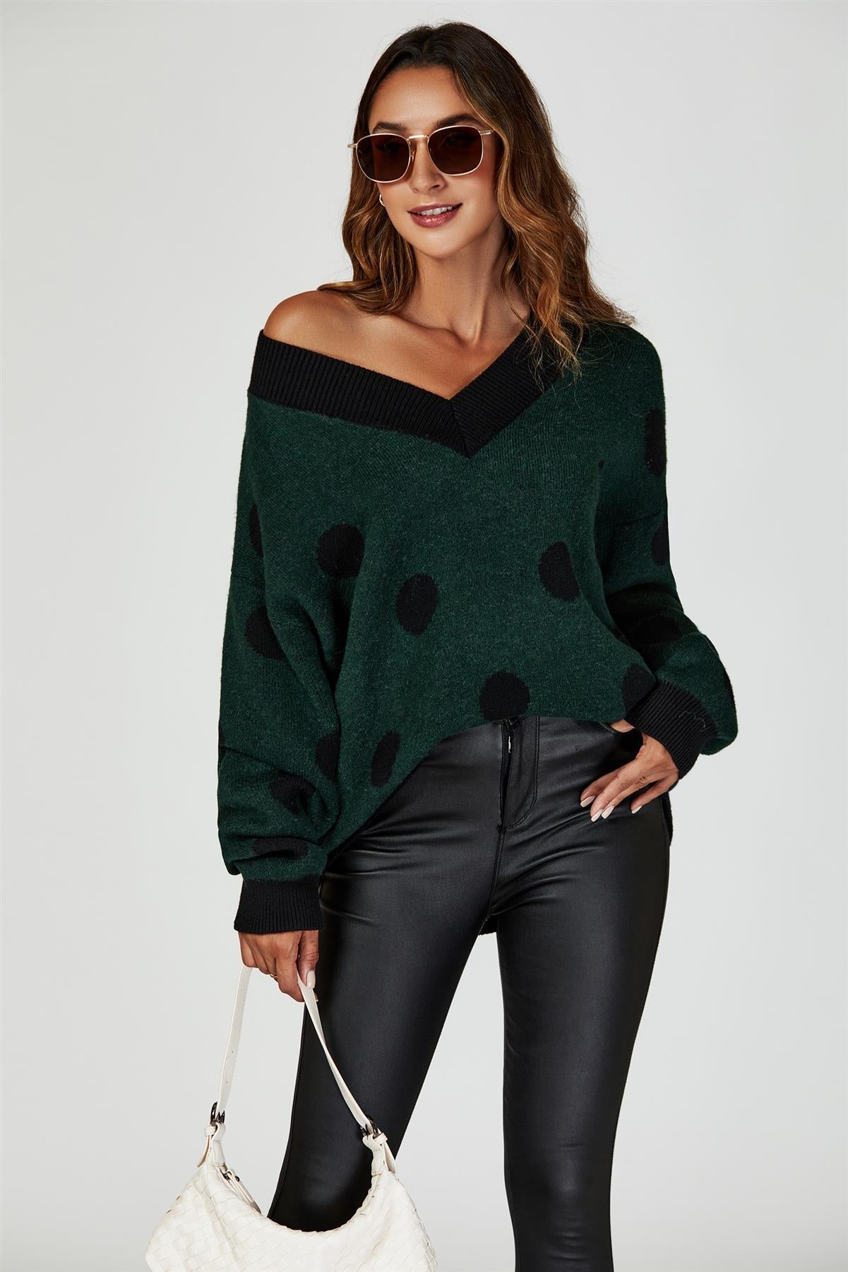 Wool Blended V Neck Jumper In Green & Black Polka Dot - AXON