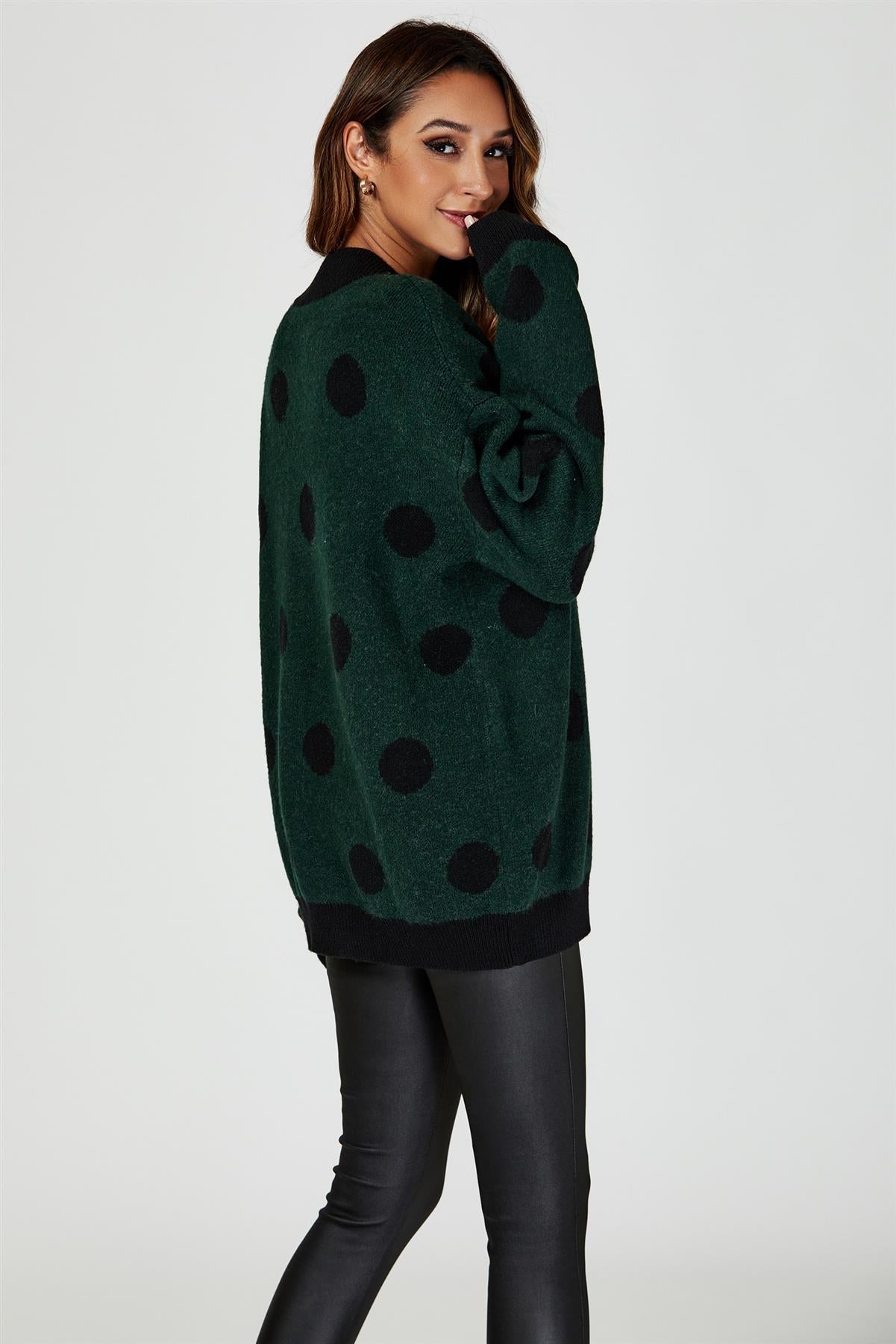 Wool Blended V Neck Jumper In Green & Black Polka Dot - AXON
