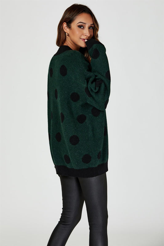 Wool Blended V Neck Jumper In Green & Black Polka Dot - AXON