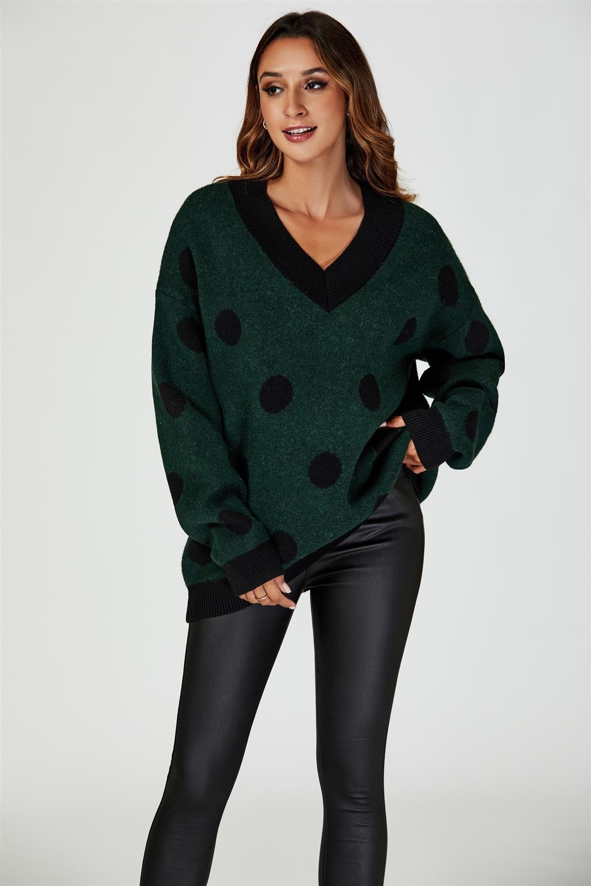 Wool Blended V Neck Jumper In Green & Black Polka Dot - AXON