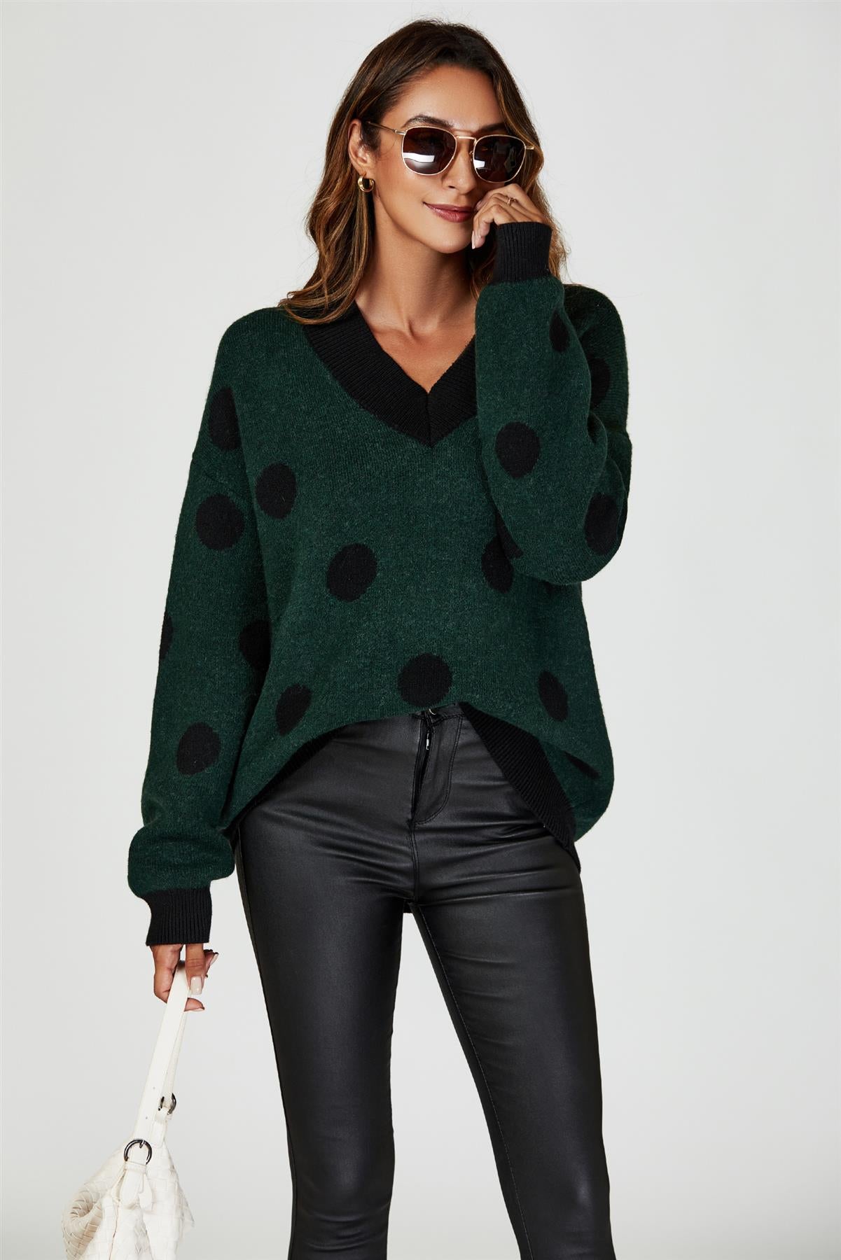 Wool Blended V Neck Jumper In Green & Black Polka Dot - AXON