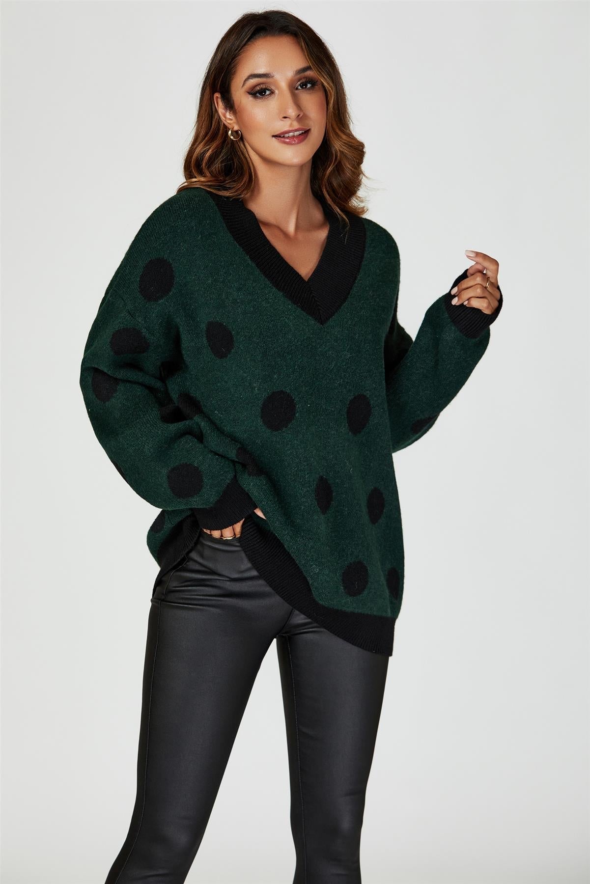 Wool Blended V Neck Jumper In Green & Black Polka Dot - AXON