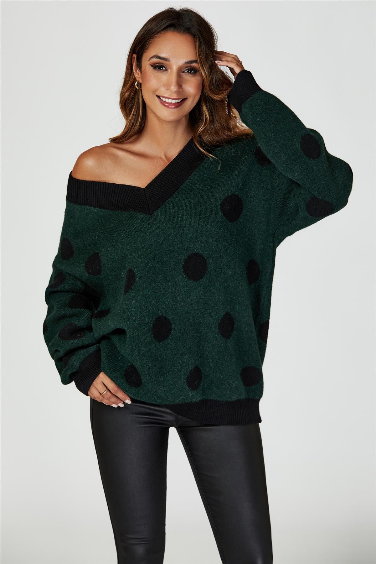 Wool Blended V Neck Jumper In Green & Black Polka Dot - AXON