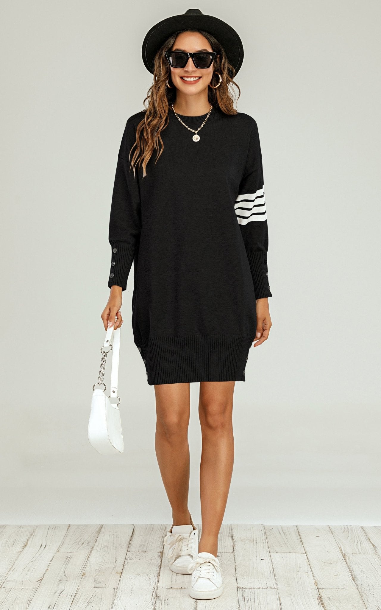 Wool Knitted Tunic Jumper Dress With White Stripe In Black - AXON