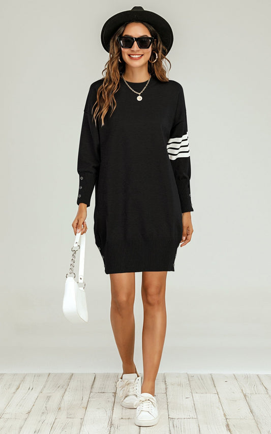 Wool Knitted Tunic Jumper Dress With White Stripe In Black - AXON