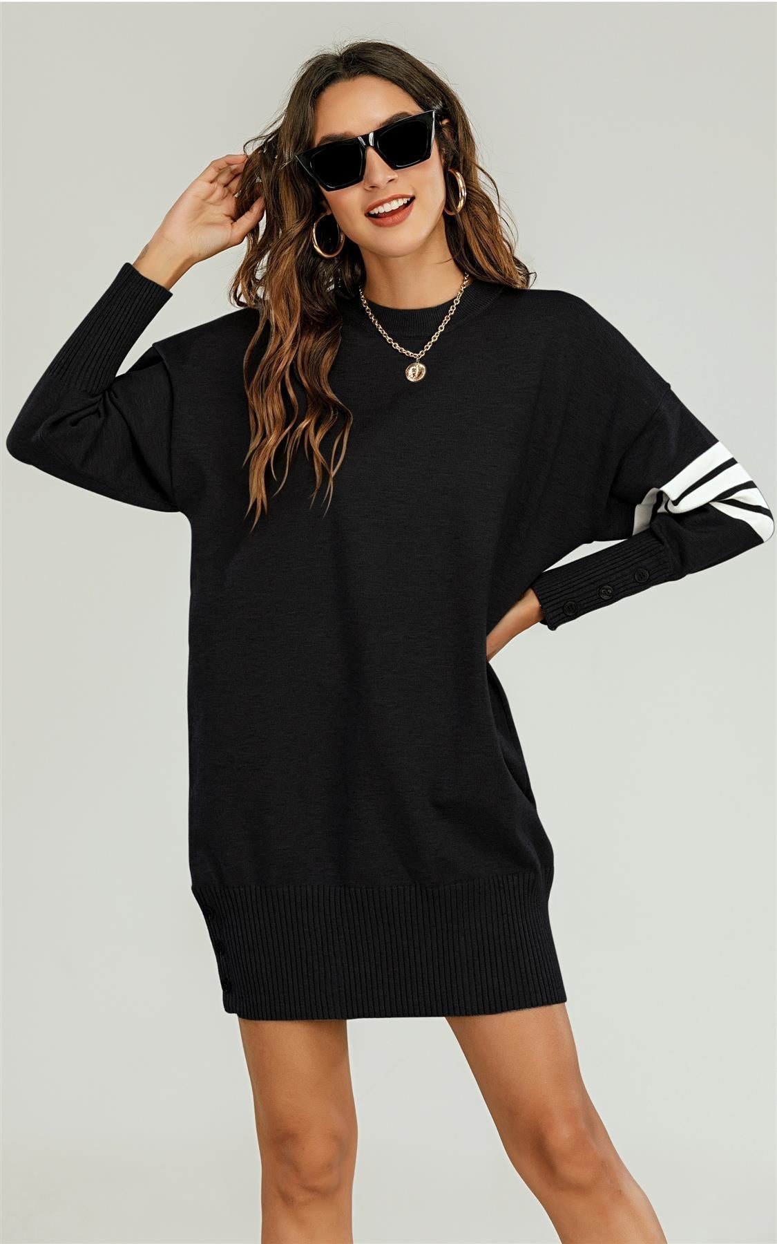 Wool Knitted Tunic Jumper Dress With White Stripe In Black - AXON
