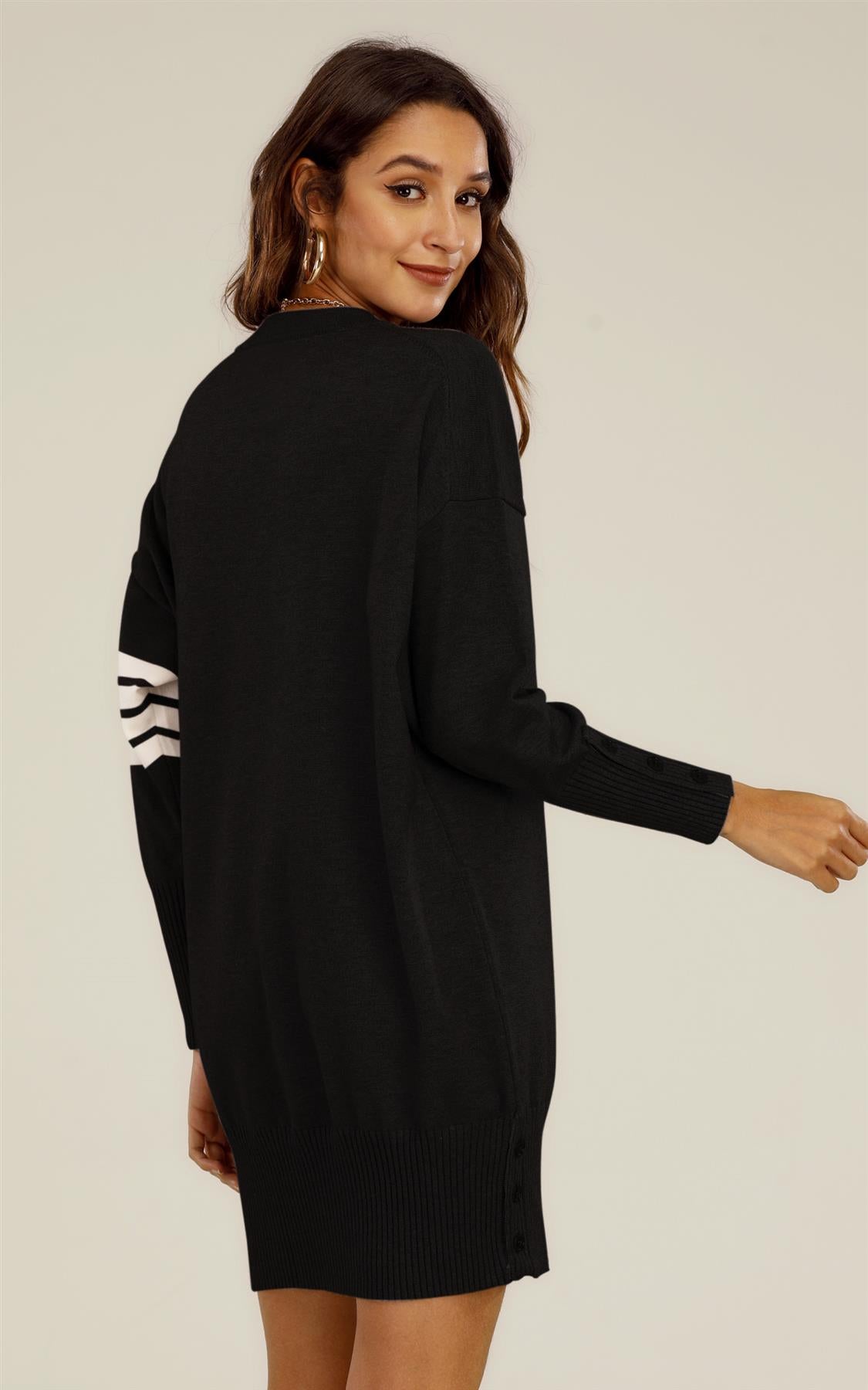 Wool Knitted Tunic Jumper Dress With White Stripe In Black - AXON