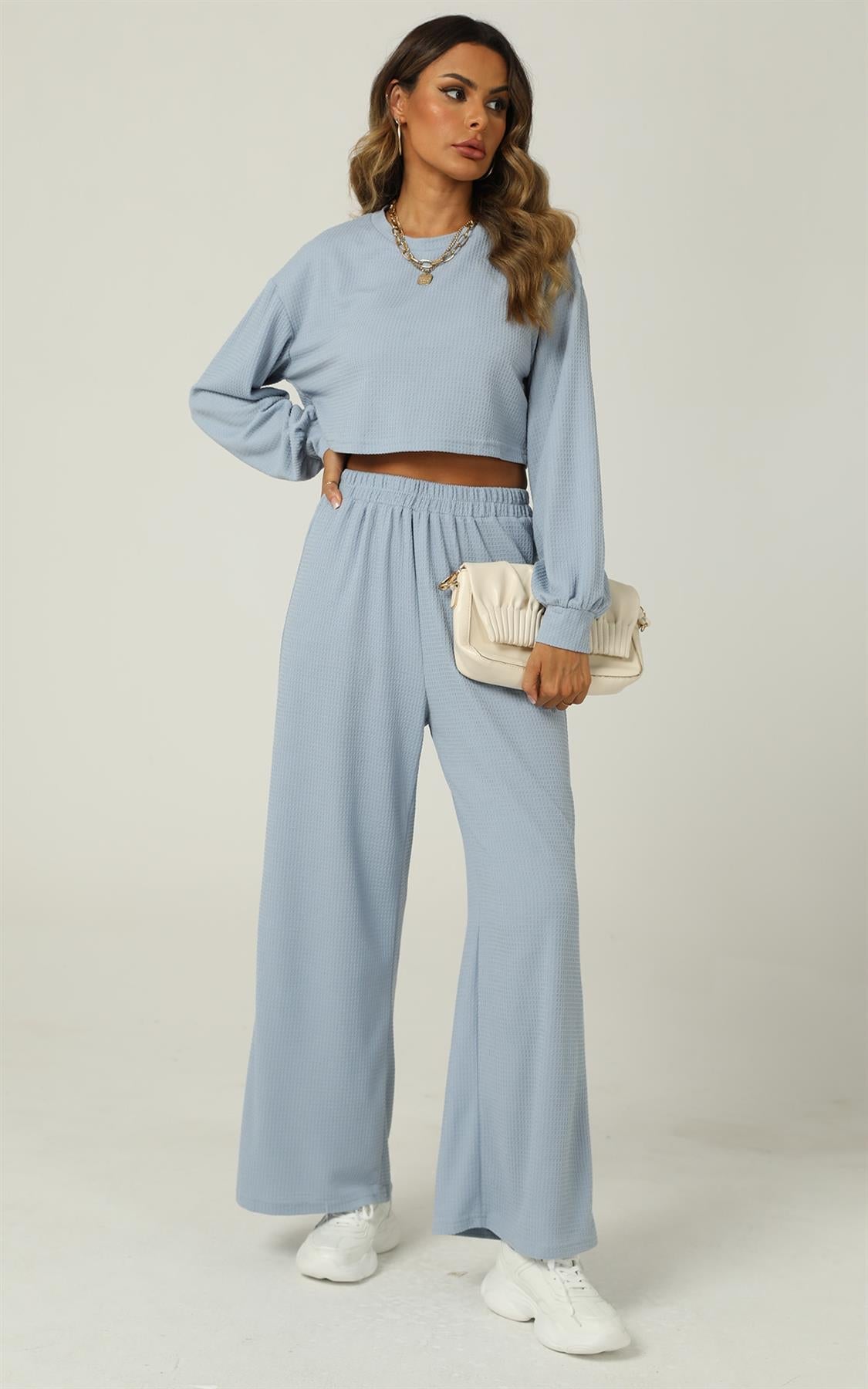 Woven Crinkle Crop Tee & Wide Leg Trousers co - ord Set - AXON
