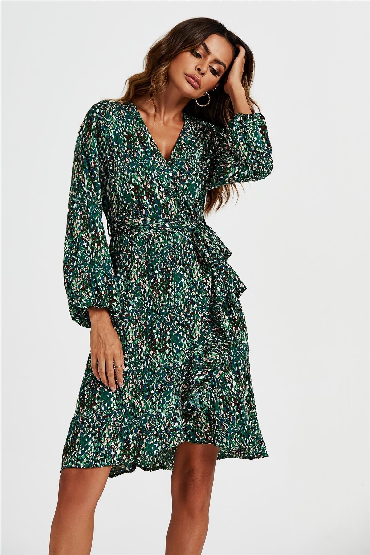 Wrap Top Midi Dress In Green - AXON