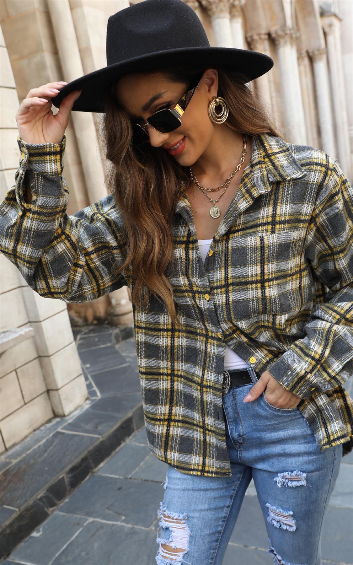 Yellow Brushed Check Oversized Pocket Detail Shacket Shirt Jacket In Grey - AXON