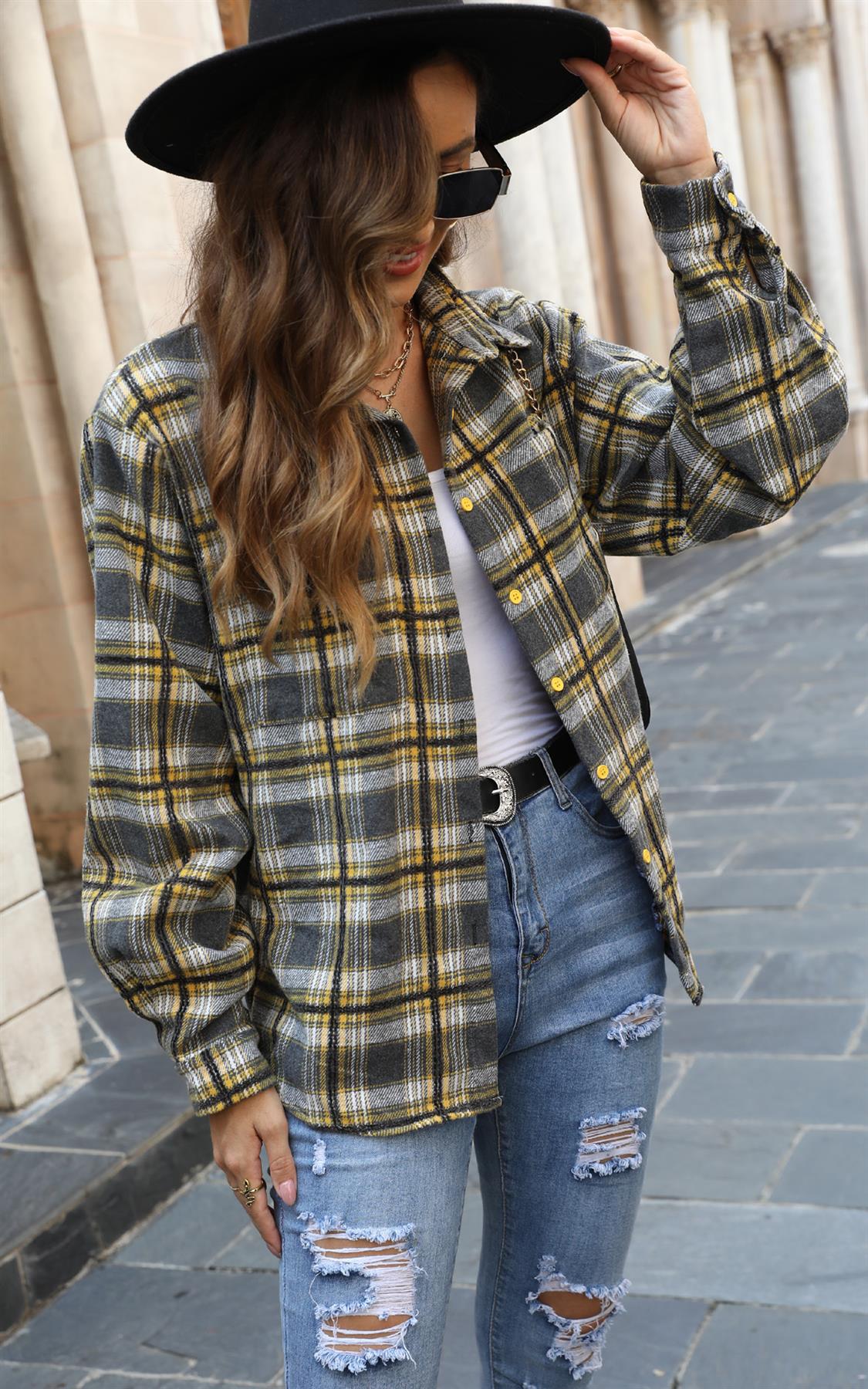 Yellow Brushed Check Oversized Pocket Detail Shacket Shirt Jacket In Grey - AXON