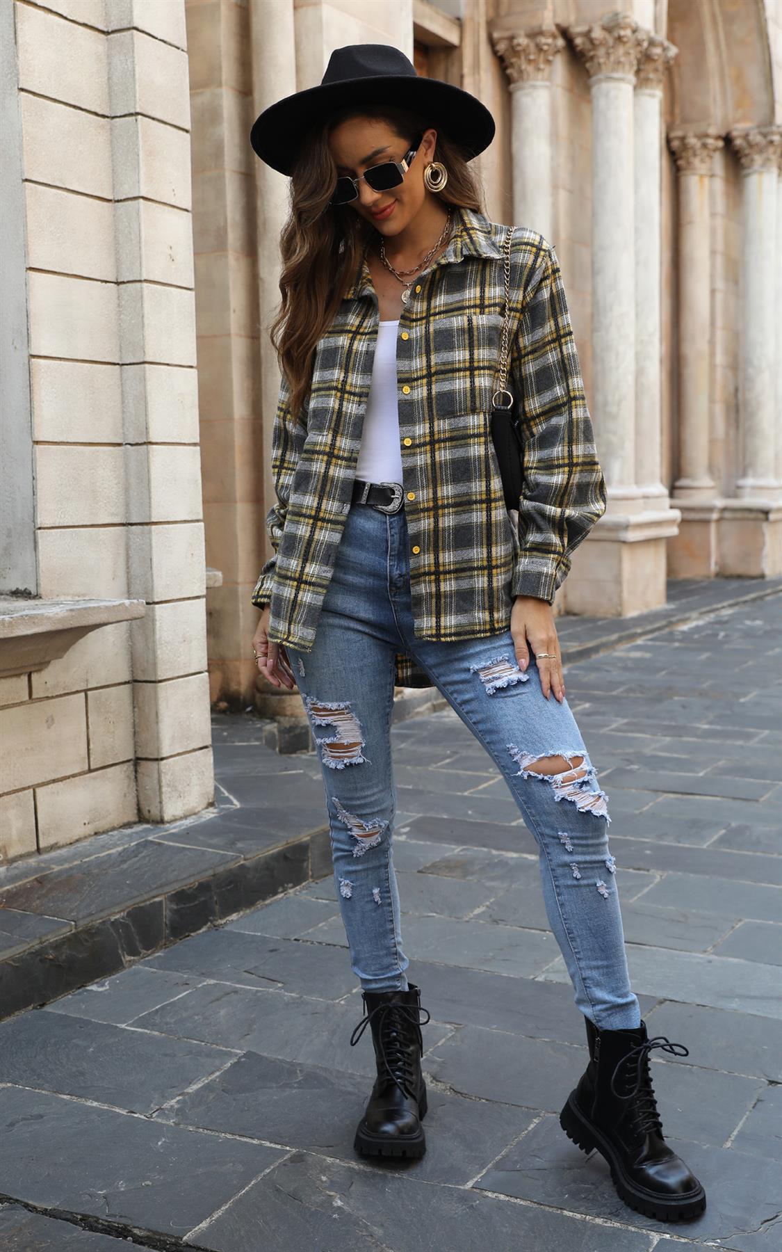 Yellow Brushed Check Oversized Pocket Detail Shacket Shirt Jacket In Grey - AXON