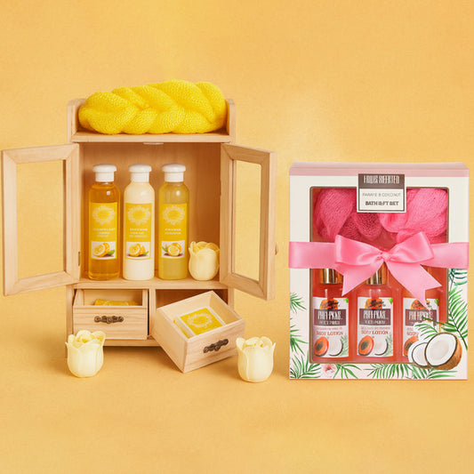 XXL Bade- und Duschset im Holzschränkchen – dekorative Geschenkidee mit Pflegeprodukten