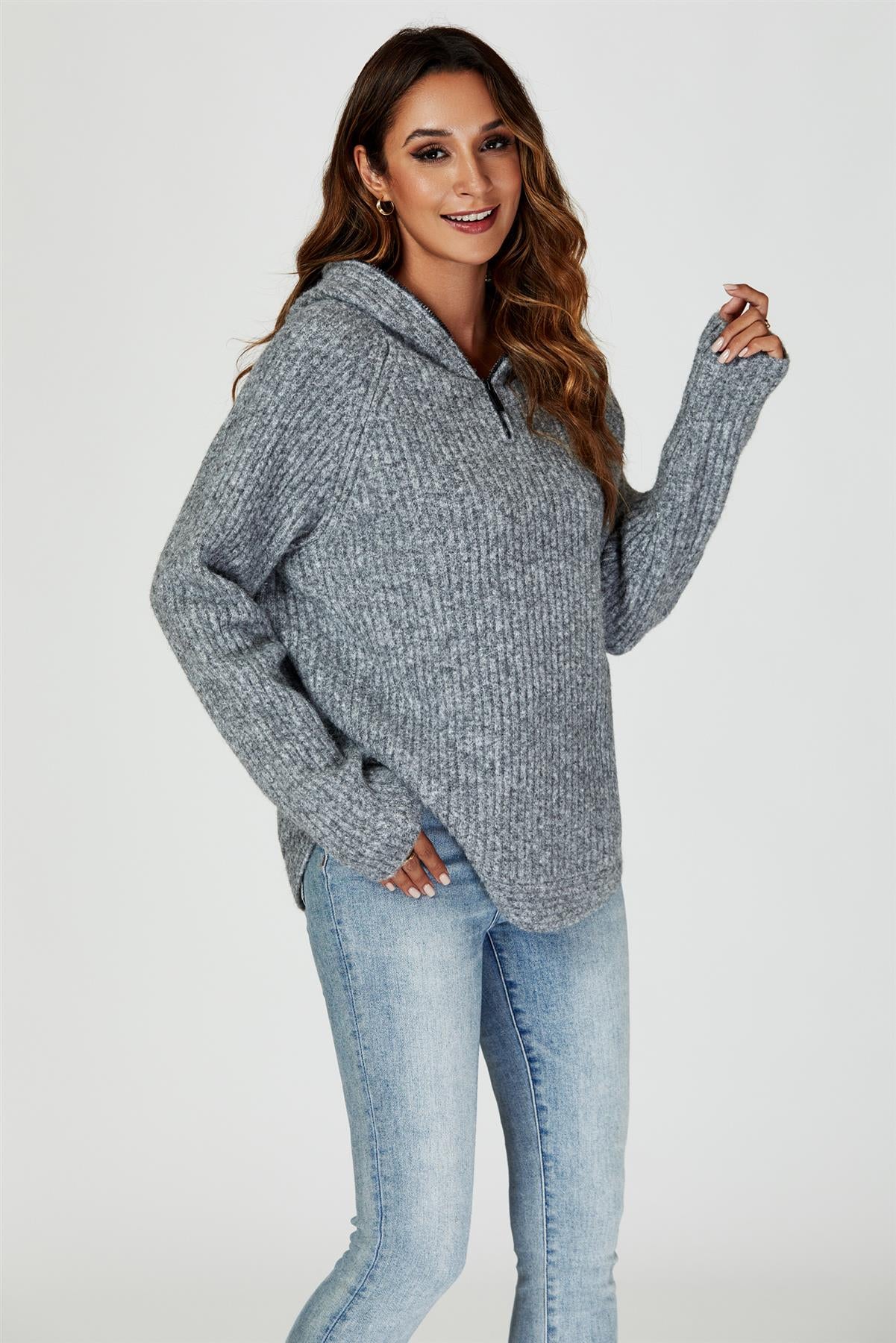 Zip Detail Knit Hoodie In Grey - AXON