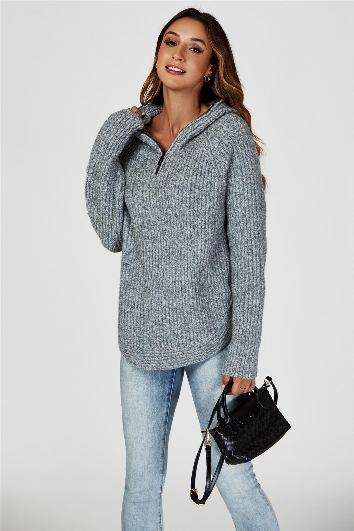 Zip Detail Knit Hoodie In Grey - AXON