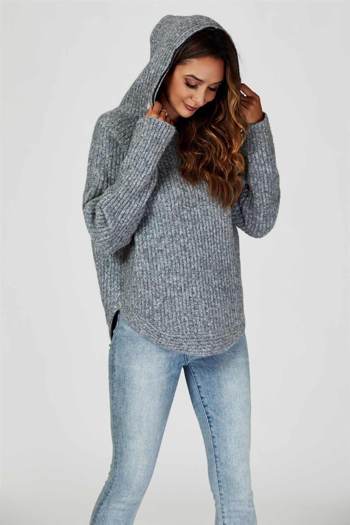 Zip Detail Knit Hoodie In Grey - AXON