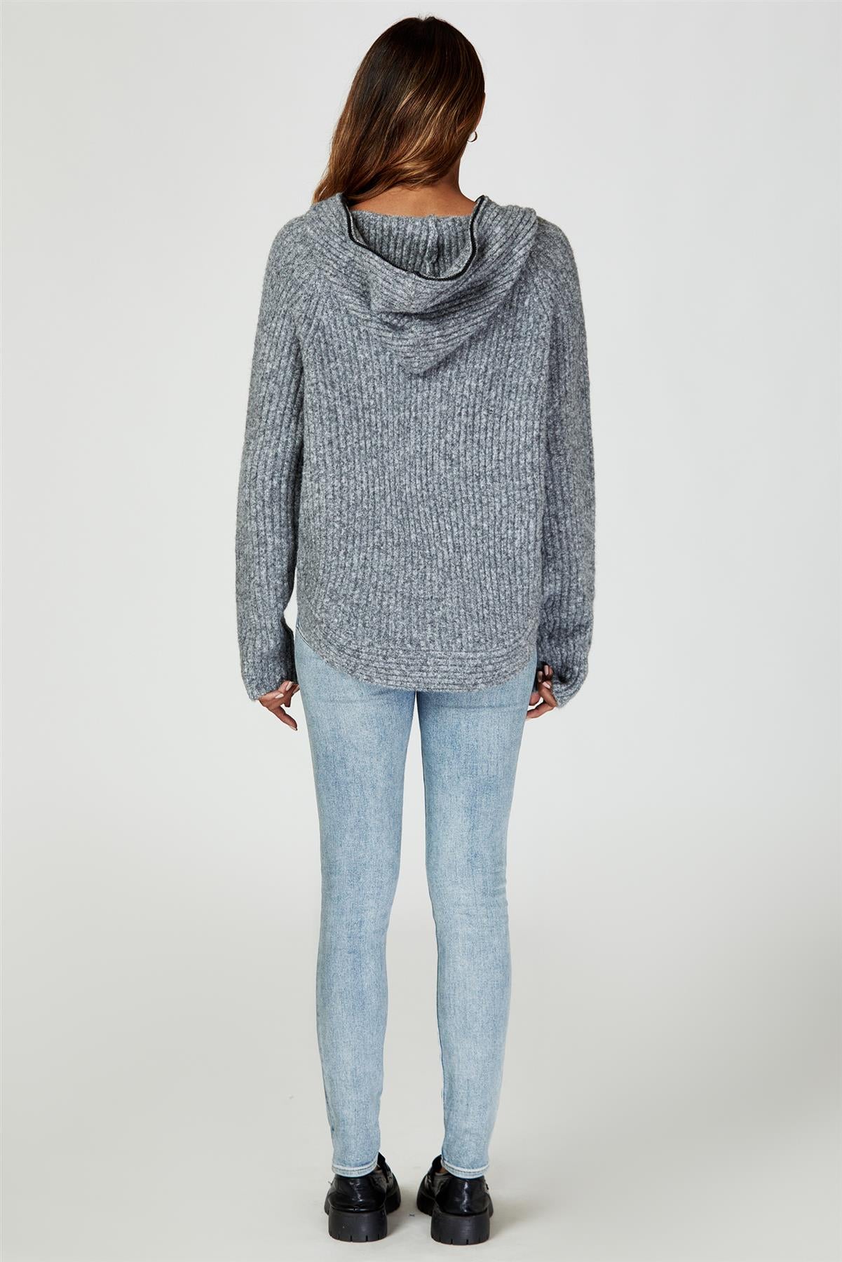 Zip Detail Knit Hoodie In Grey - AXON