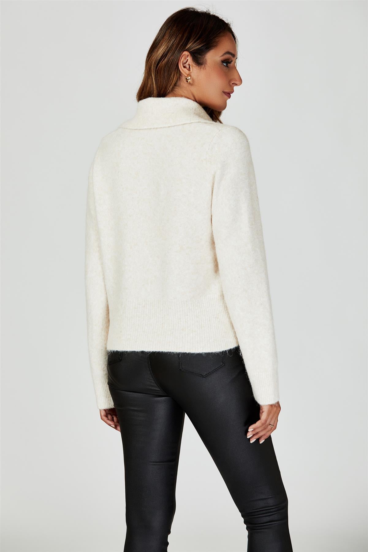 Zippered turtleneck Knit Top In Cream - AXON