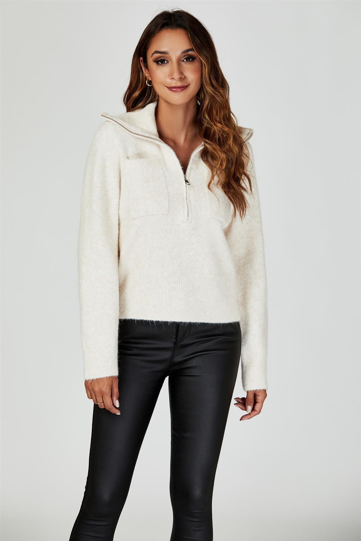 Zippered turtleneck Knit Top In Cream - AXON